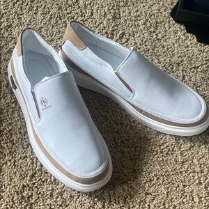 Stylish White and Tan Slip-On Shoes. New